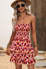 Smocked Bandeau Printed Ruffled Mini Dress