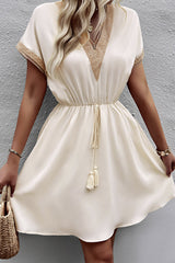 Fashion Lace Patchwork Solid V Neck Casual Dress