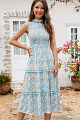 Smocked Chest Floral Print Sleeveless Dress