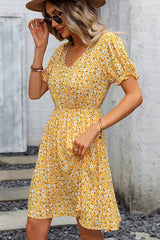 V Neck Floral Print Short Sleeve Mini Dress