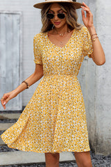 V Neck Floral Print Short Sleeve Mini Dress