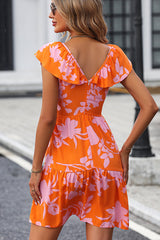 V Neck Floral Print Knot Waist Casual Dress