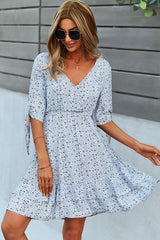 Fashion Floral Print Knot Sleeve Mini Dress