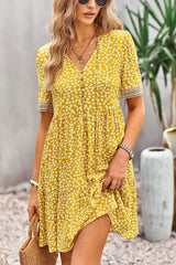 Fashion Floral Print V Neck Button Mini Dress