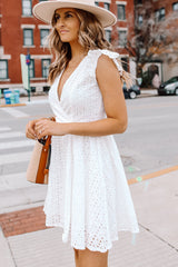 Ruffle Shoulder Hollow Solid White Mini Dress