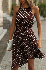 Dots Print Knot Waist Ruffle Mini Dress
