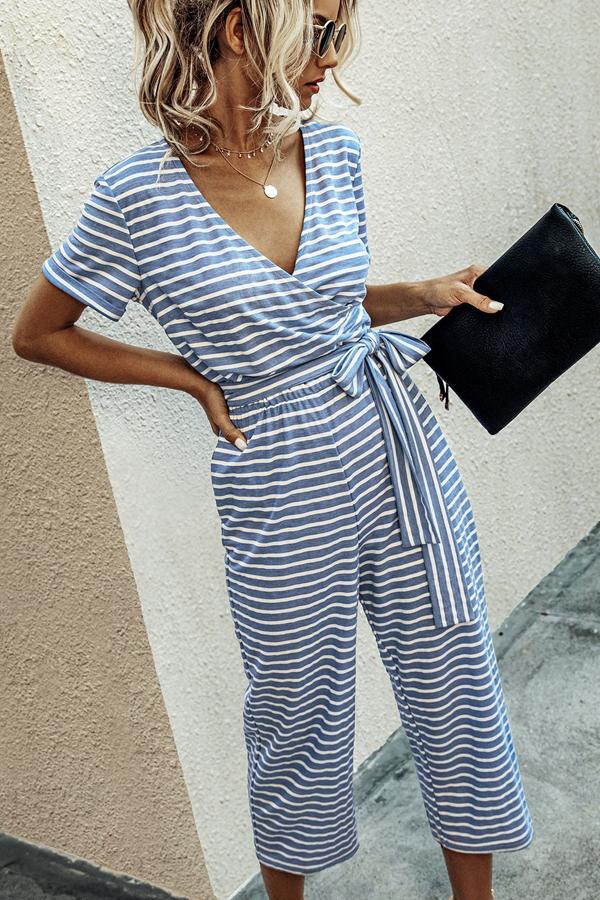 Stripe Print Tie Waisted Pocket Jumpsuit