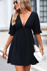 Lace V Neck Solid Color Mini Dress