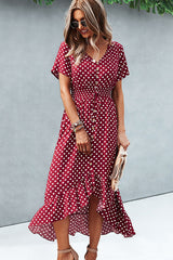 Fashion Dots Print High Waist V Neck Casual Dress