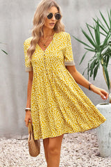 Fashion Floral Print V Neck Button Mini Dress