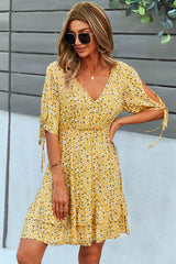 V Neck Floral Print Knot Sleeve Mini Dress