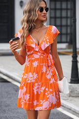 V Neck Floral Print Knot Waist Casual Dress