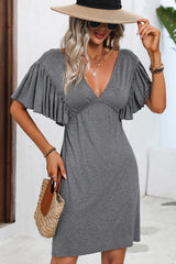 Ruffle Sleeve Solid V Neck Casual Mini Dress