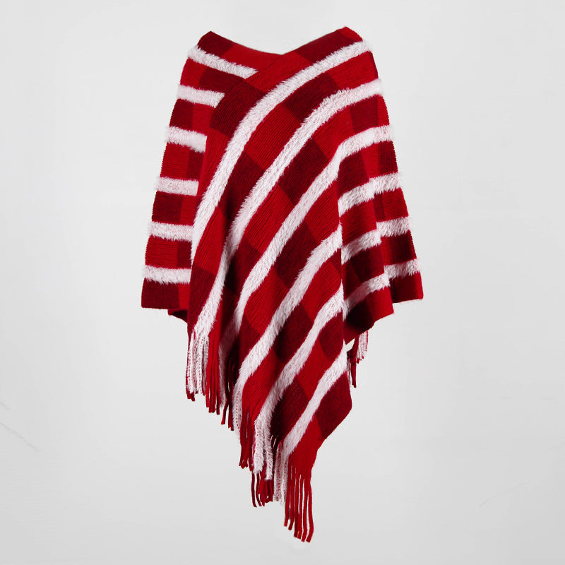 Tassel Fringed Pullover V-neck Collar Plaid Sweater Cloak Shawl Cape
