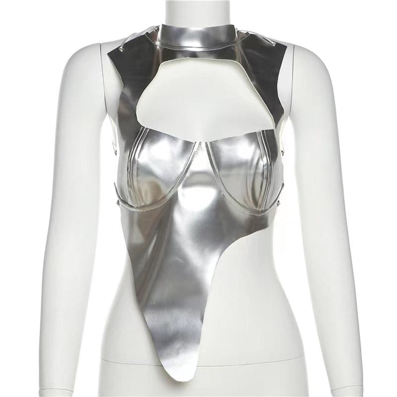 Metallic self tie cross back sleeveless hollow out crop cut out top