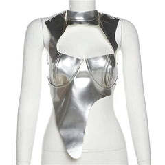 Metallic self tie cross back sleeveless hollow out crop cut out top