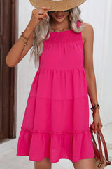 Smocked Neck Solid Color Ruffle Hem Dress