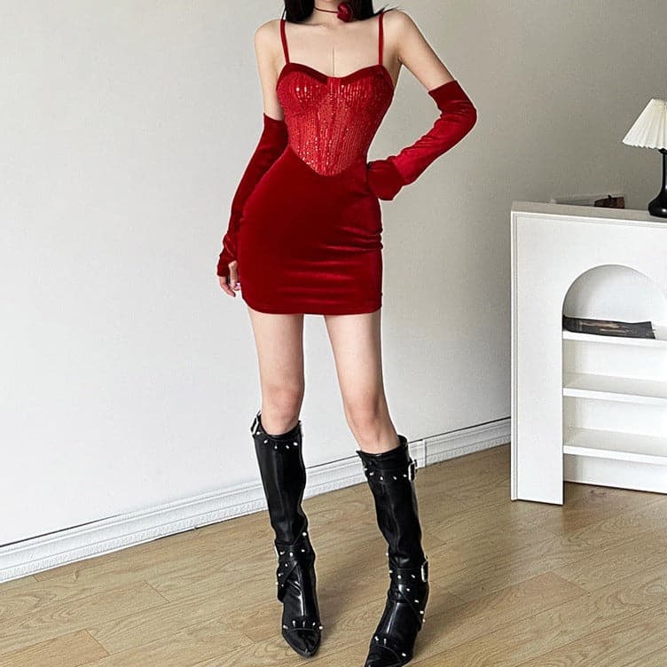 Sweetheart neck gloves velvet glitter mesh patchwork cami dress