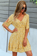 V Neck Floral Print Knot Sleeve Mini Dress