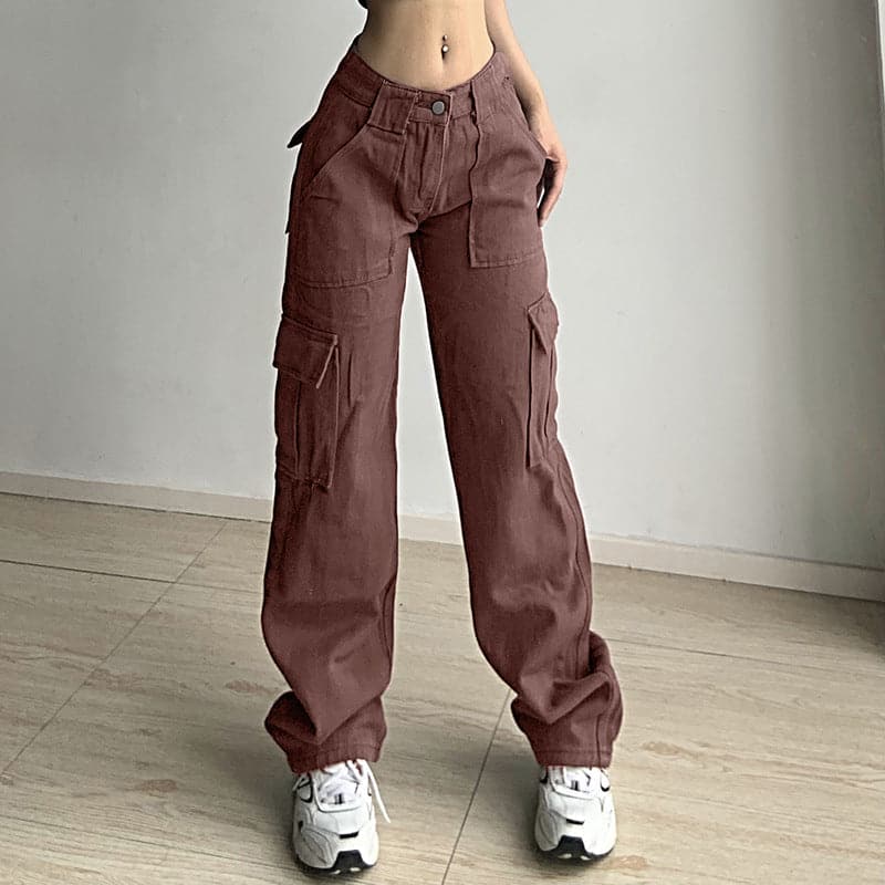 Solid cargo pocket low rise straight leg baggy jeans