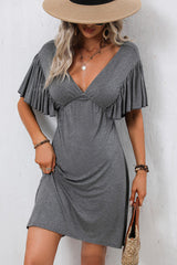 Ruffle Sleeve Solid V Neck Casual Mini Dress