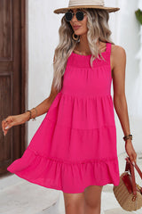 Smocked Neck Solid Color Ruffle Hem Dress