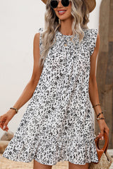Smocked Neck Ruffle Hem Printed Mini Dress