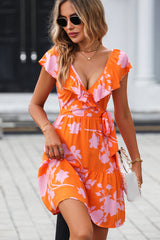 V Neck Floral Print Knot Waist Casual Dress