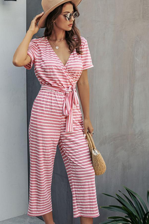 Stripe Print Tie Waisted Pocket Jumpsuit