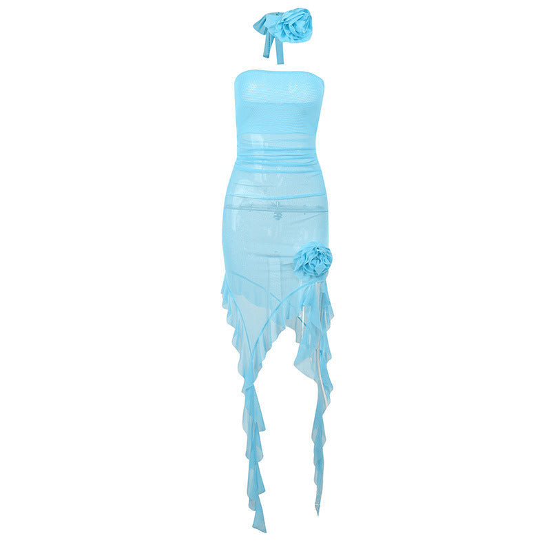 Solid slit sheer mesh see through flower applique mini dress