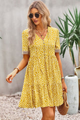 Fashion Floral Print V Neck Button Mini Dress