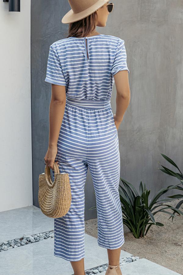 Stripe Print Tie Waisted Pocket Jumpsuit