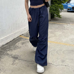 Drawstring solid low rise pocket wide leg baggy pant