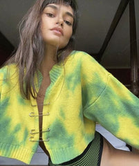 Tie-dye Brooch Button Knitting Sweater Cardigan