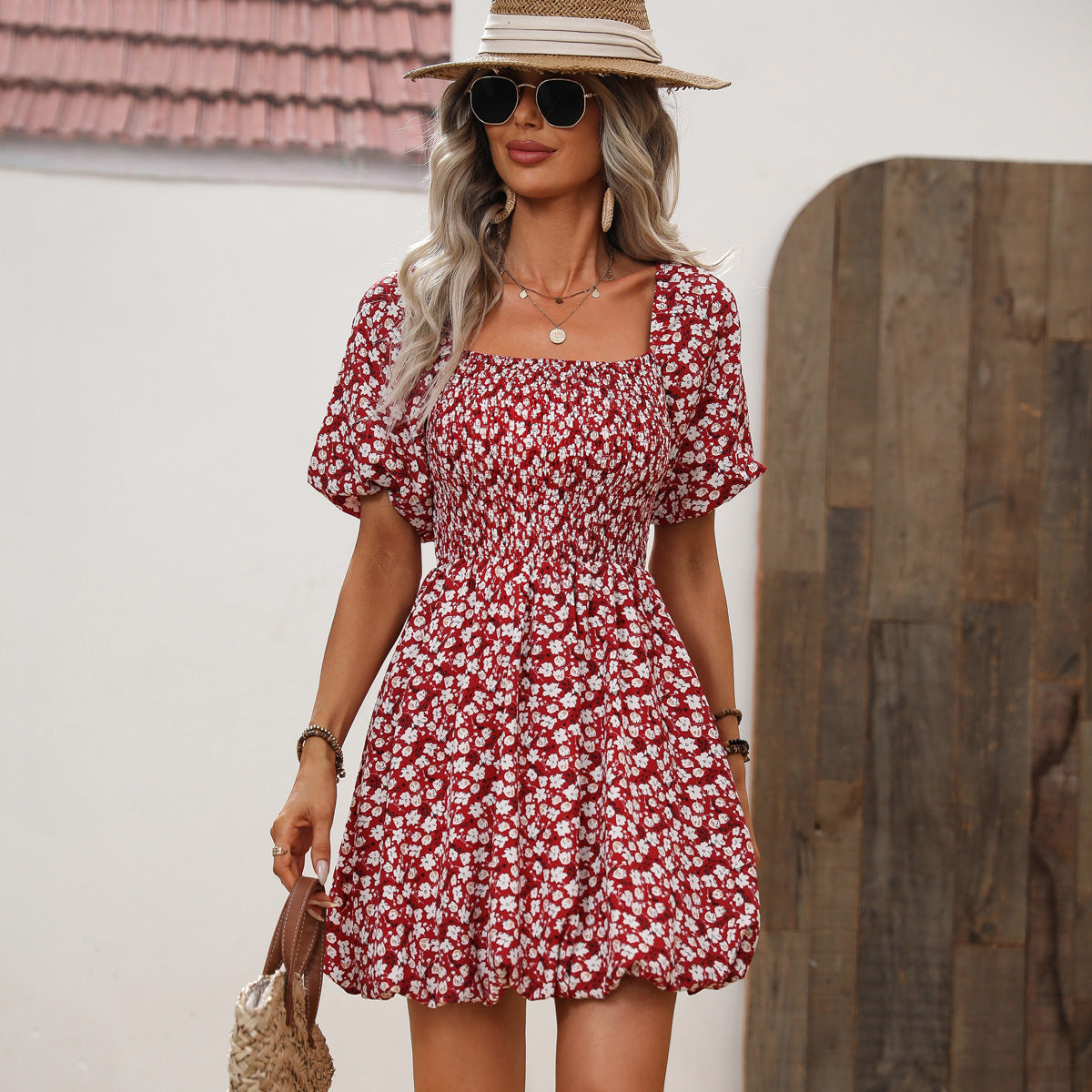 Floral Print Puff Sleeves Ruffled Mini Dress