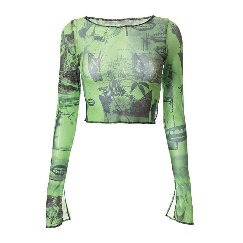 Print mesh see-through ruffled flared sleeve top