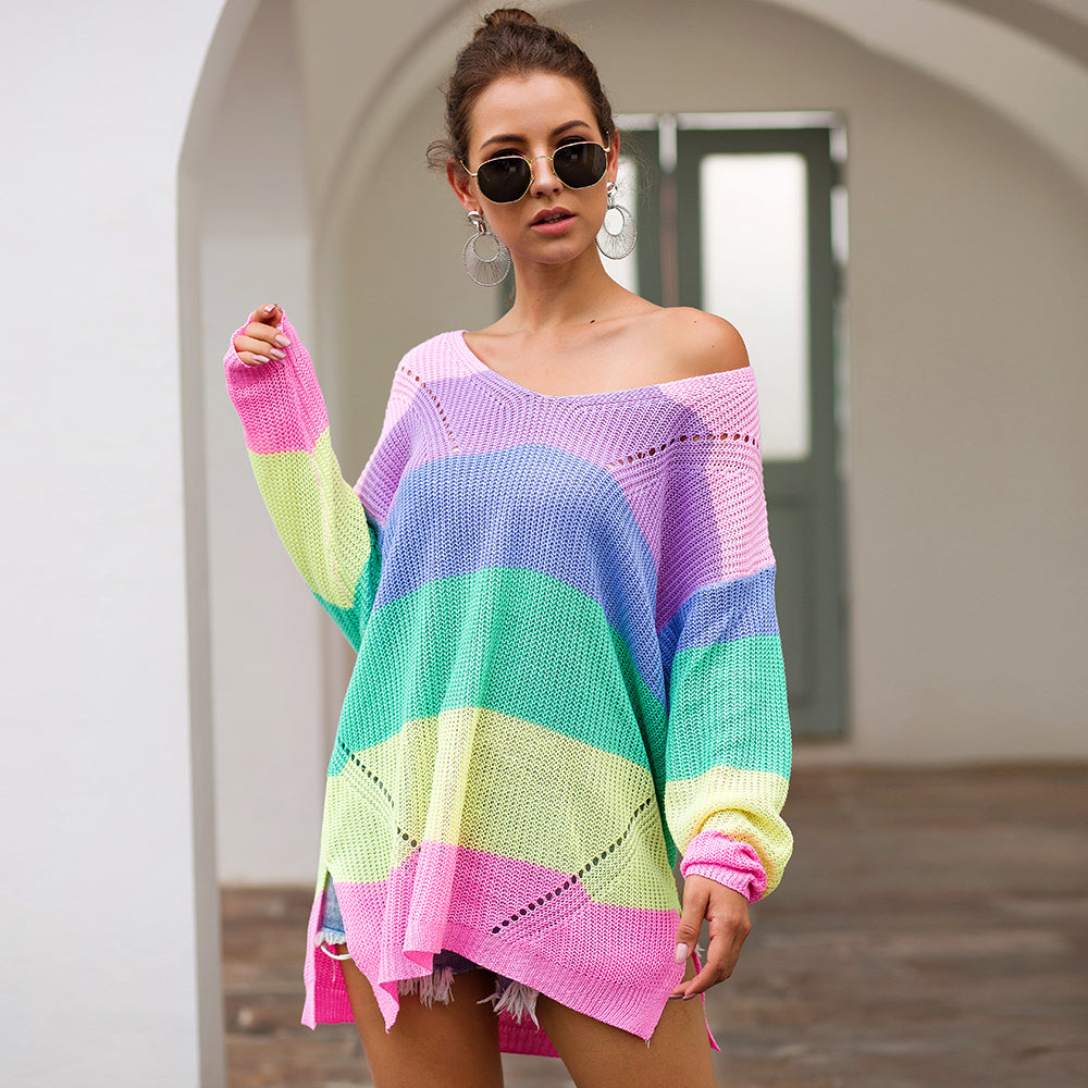 Women's Loose V-neck Rainbow Stripes Long Sweater