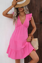 V Neck Solid Smocked Ruffle Hem Mini Dress