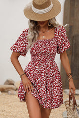 Floral Print Puff Sleeves Ruffled Mini Dress