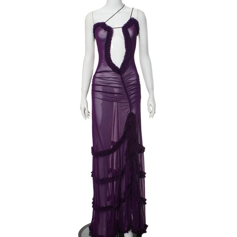 Ruffle spaghetti strap irregular slit backless maxi dress