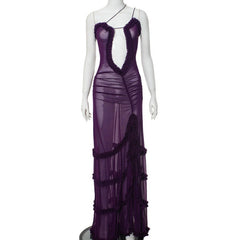 Ruffle spaghetti strap irregular slit backless maxi dress