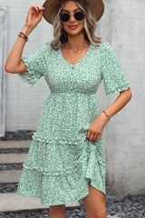 Floral Print Frill V Neck Casual Dress