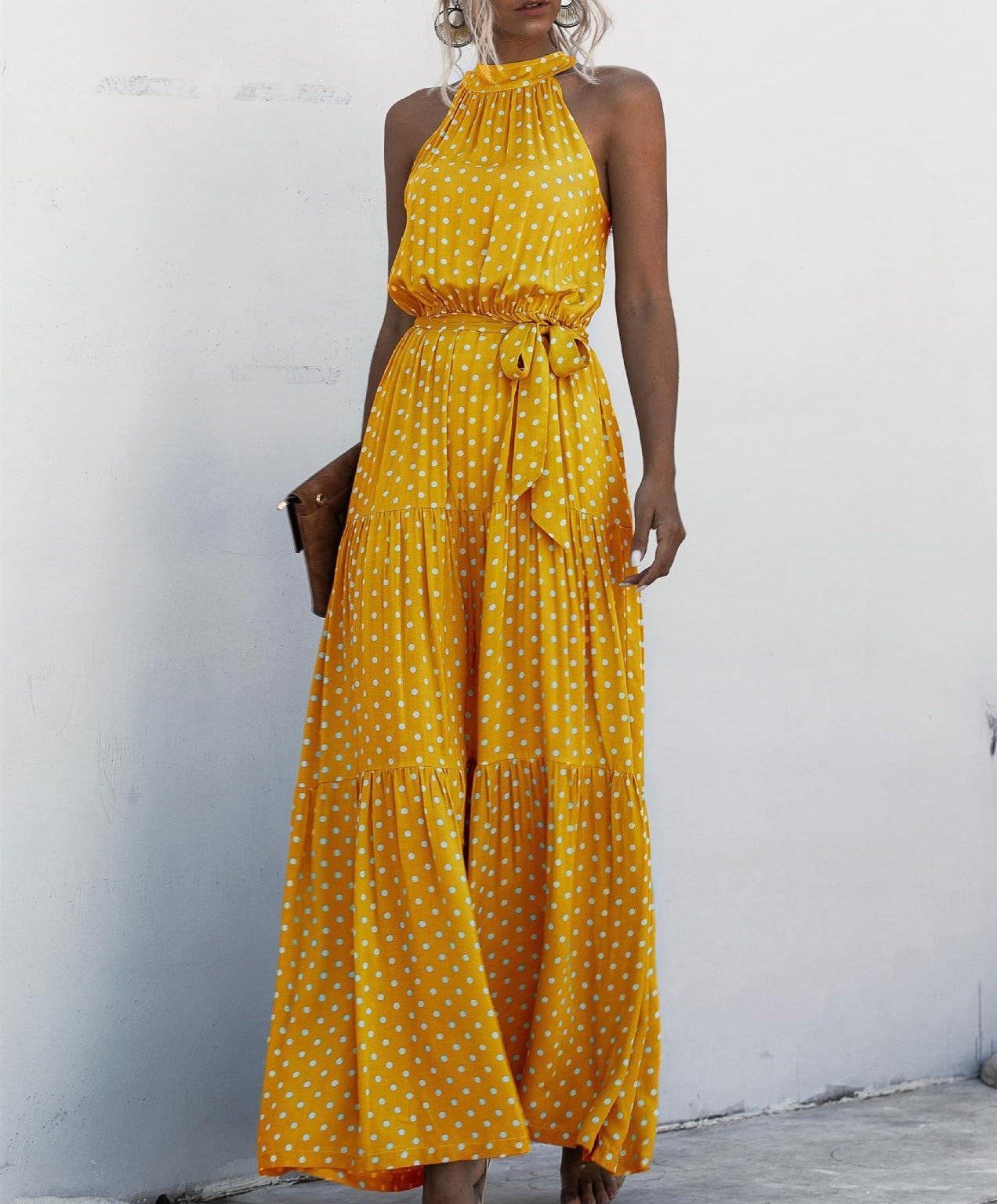 Yellow Wave Bohemian Boho Printed Hanging Neck Straps Maxi Dresses