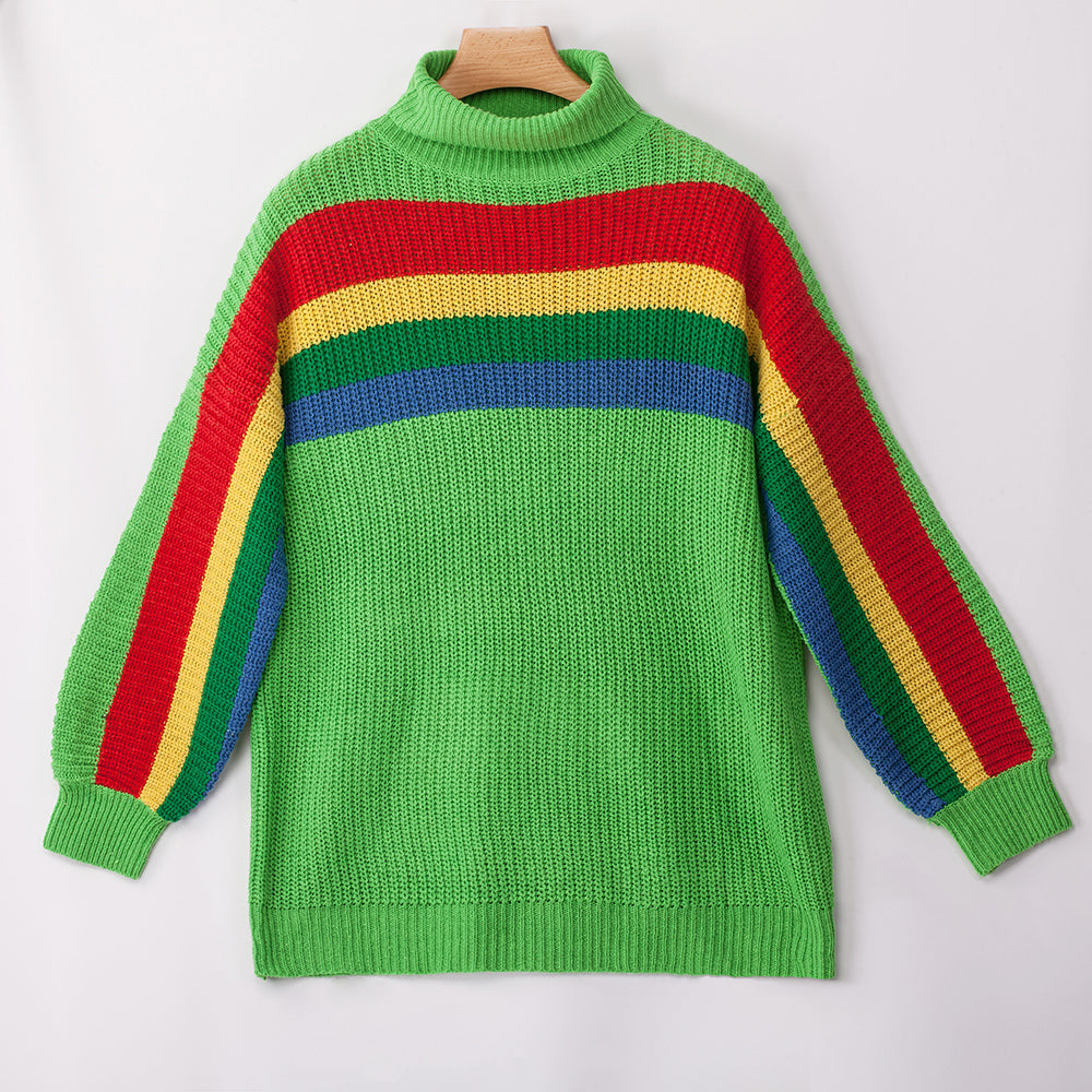 Women's High Collar Rainbow Stripes Knit Long Sweater