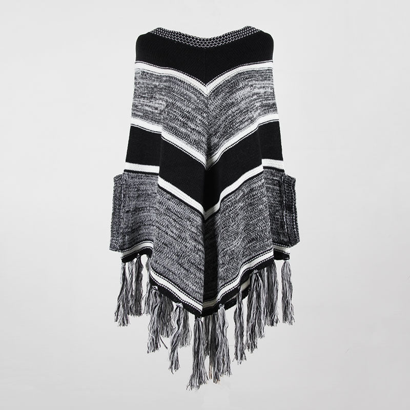 Tassel Fringed Pullover Geometric Pattern Sweater Cloak Shawl Cape