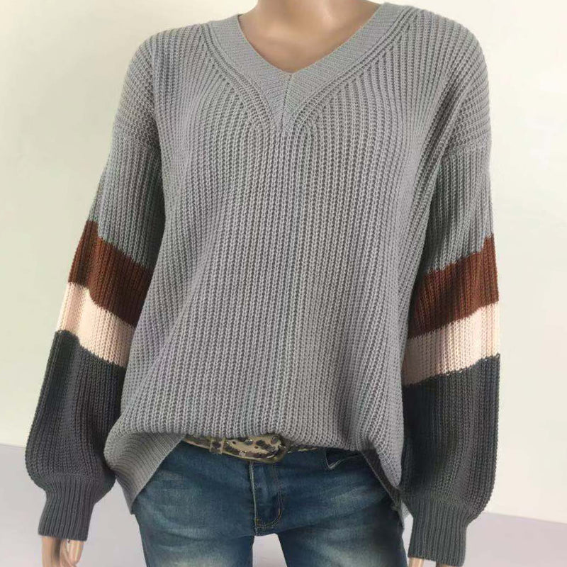 Women's V Neck Stripe Splicing Lantern Sleeve Sweater