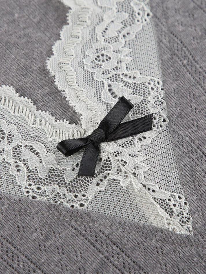 Lace Trim Splice V Neck Long Sleeve Knit