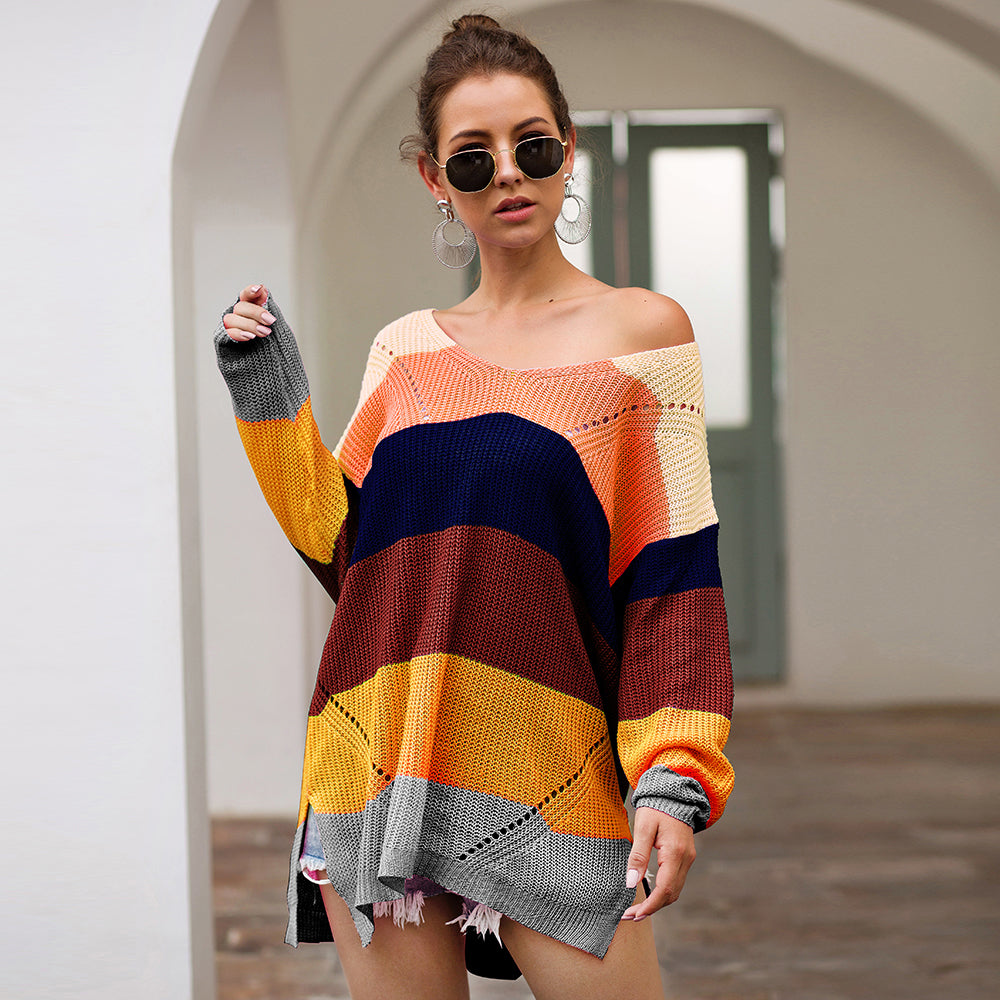 Women's Loose V-neck Rainbow Stripes Long Sweater