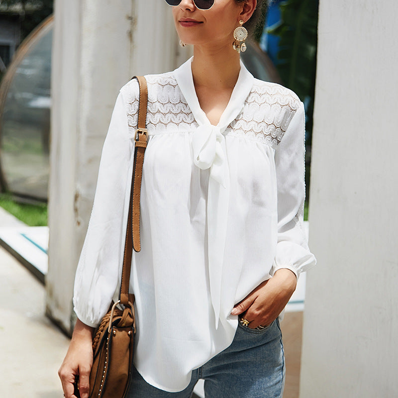 Women White V Neck Hollow Long Sleeve Shirt