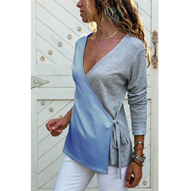 Women's V Neck Cross-Bandage Long Sleeve Sweater